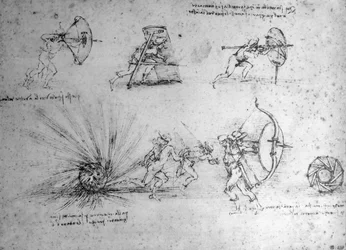 Study with Shields for Foot Soldiers and an Exploding Bomb, c.1485-88